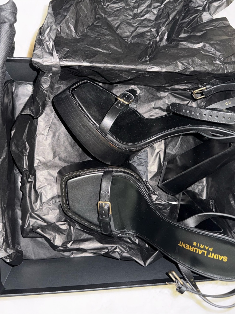 Saint Laurent Black Leather Square-Toe Slingback Heels with Gold Buckles - Picture 6 of 11